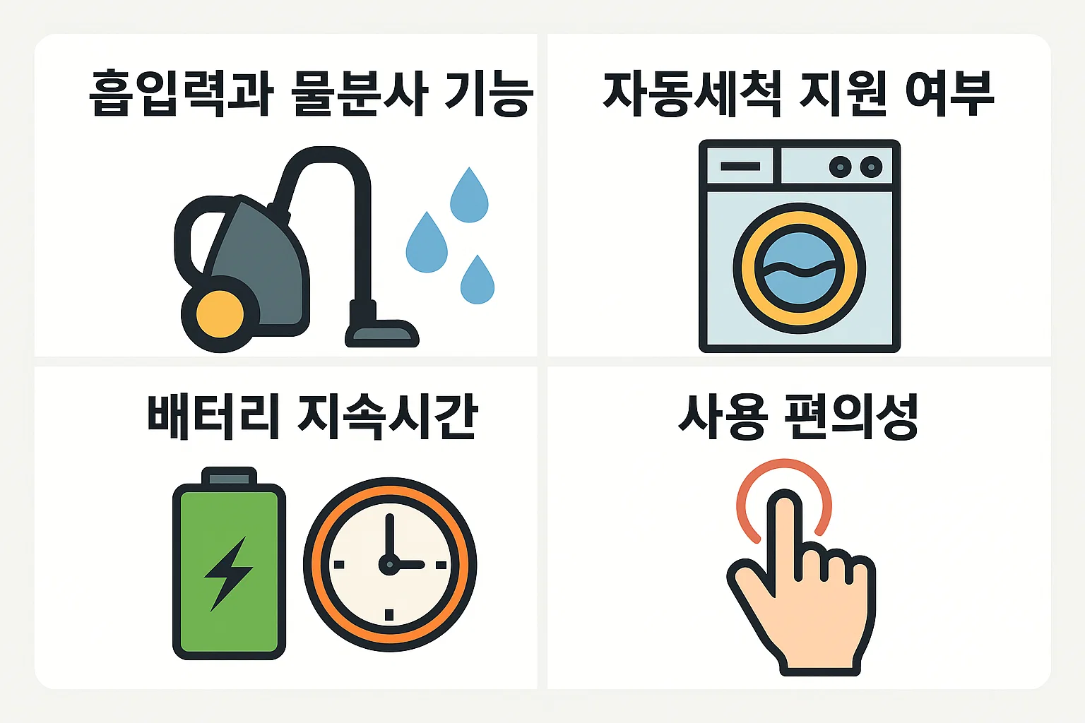 흡입력, 물분사, 자동세척, 배터리 지속시간, 사용 편의성까지 비교 분석한 무선 물걸레 청소기 추천 인포그래픽.