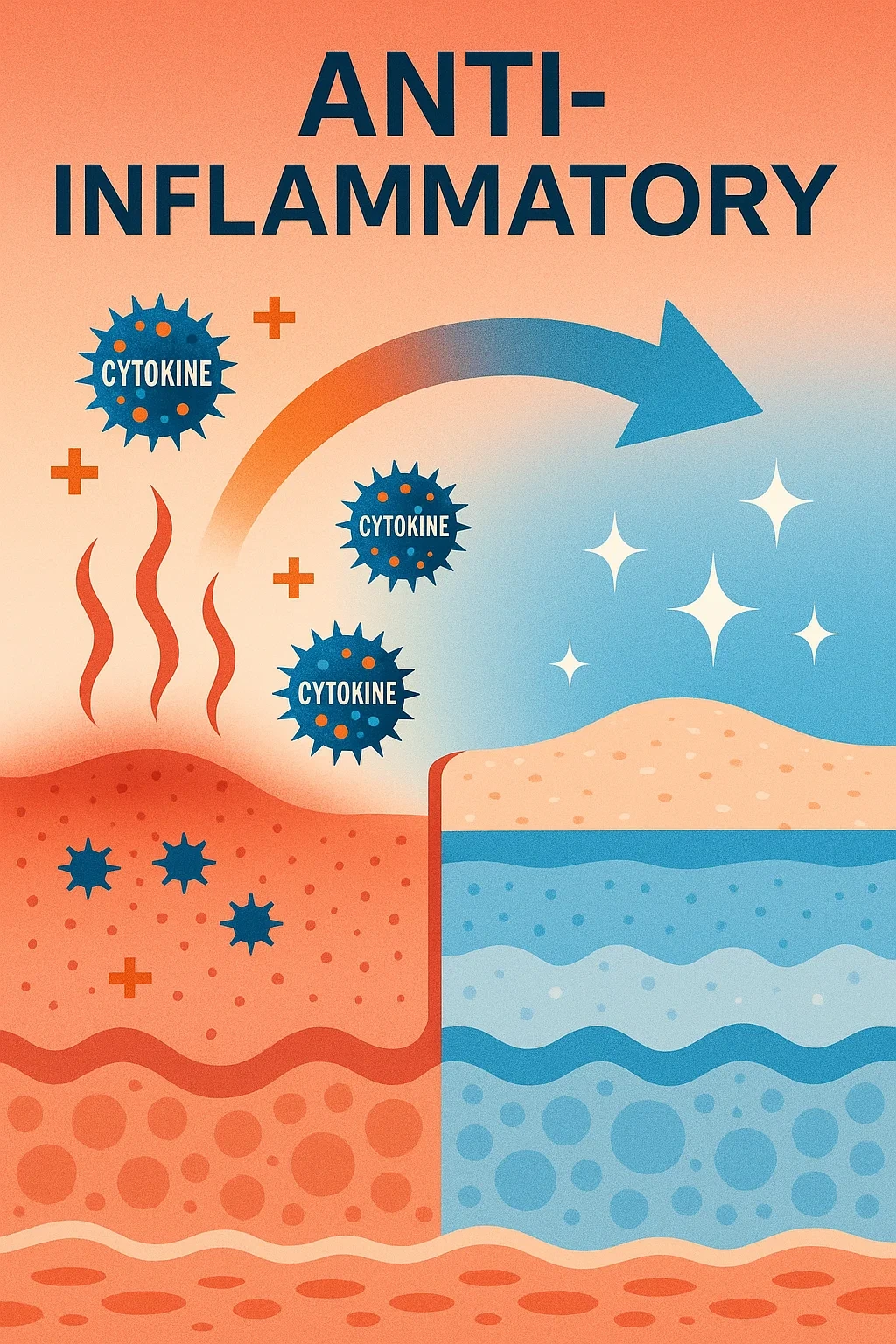 항염증: 붉어진 피부가 진정되는 모습 (비유적인 이미지, 실제 피부 아님)