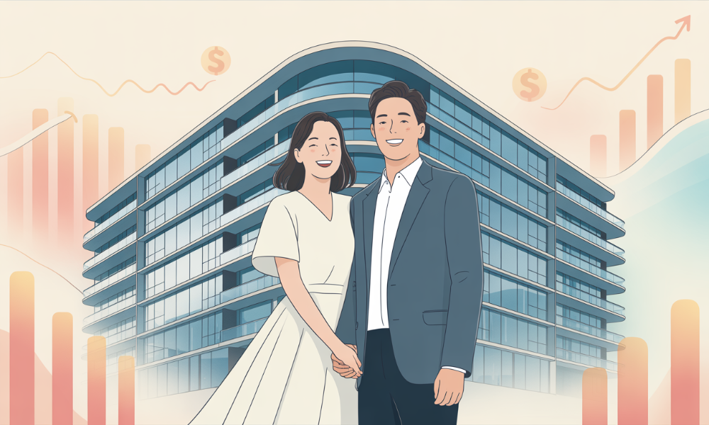 2025년 신혼부부 임차보증금 지원을 받아 행복하게 새로운 보금자리를 시작하는 젊은 부부의 모습.