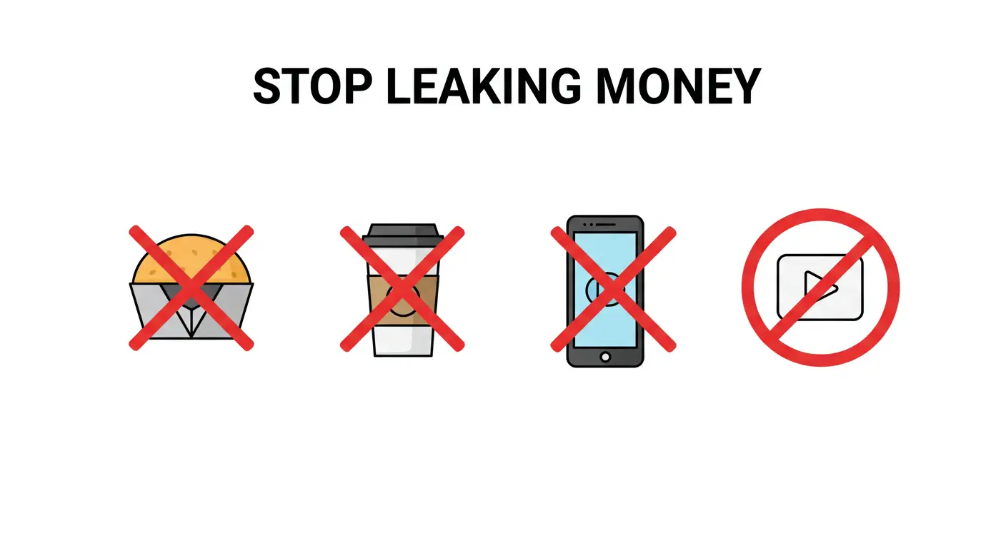 통신비, 구독료, 배달음식, 커피 등 불필요한 지출을 줄이는 것을 상징하는 아이콘