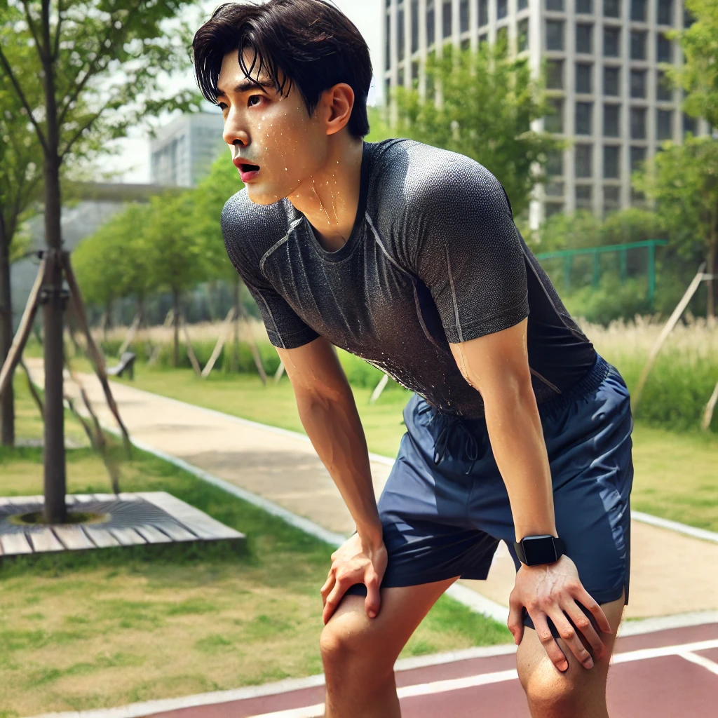 땀 흘리며 숨 고르기 하는 사람, 복식호흡하거나 유산소 운동하는 장면