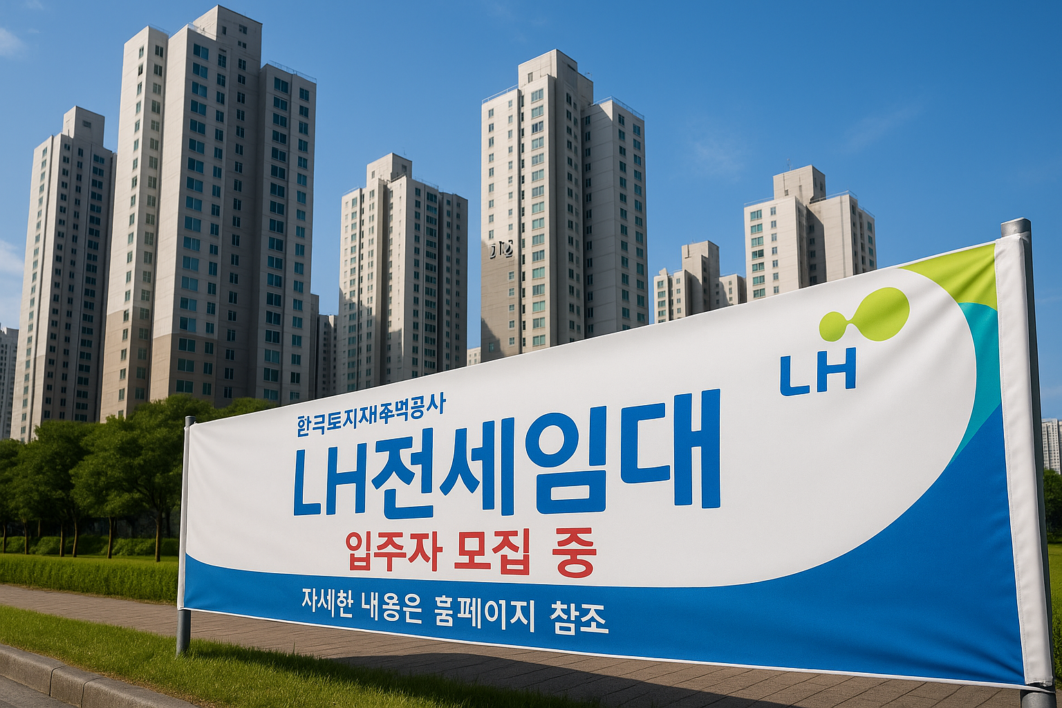 대구광역시 아파트 단지 앞에 세워진 LH전세임대 현수막과 파란 하늘