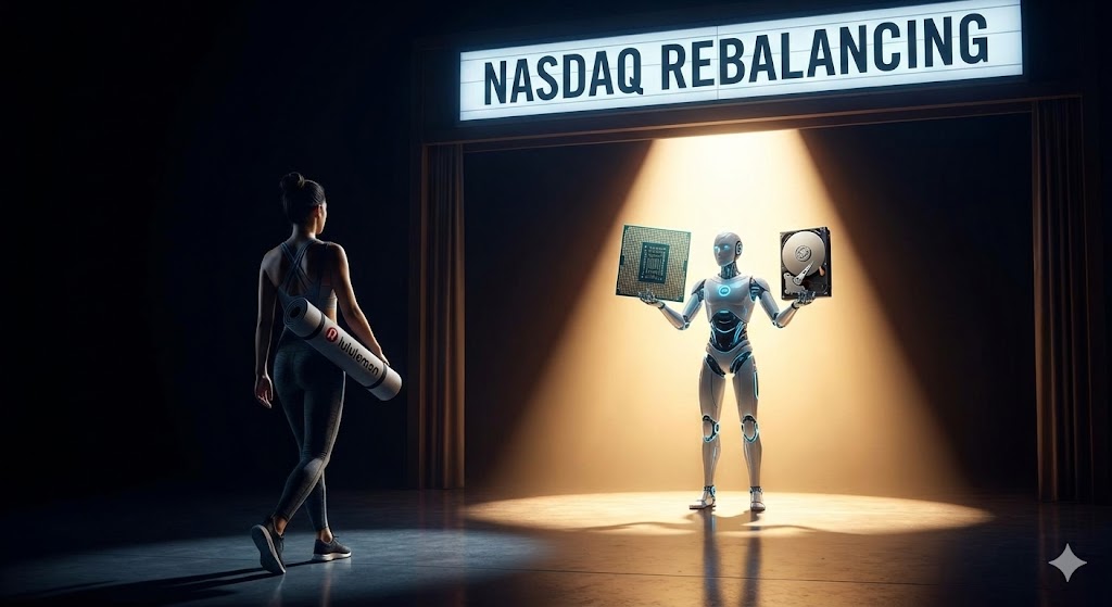 요가복을 입은 사람(룰루레몬)이 퇴장하고, 전력 칩과 하드디스크를 든 로봇(신규 편입)이 무대 중앙으로 들어오는 모습