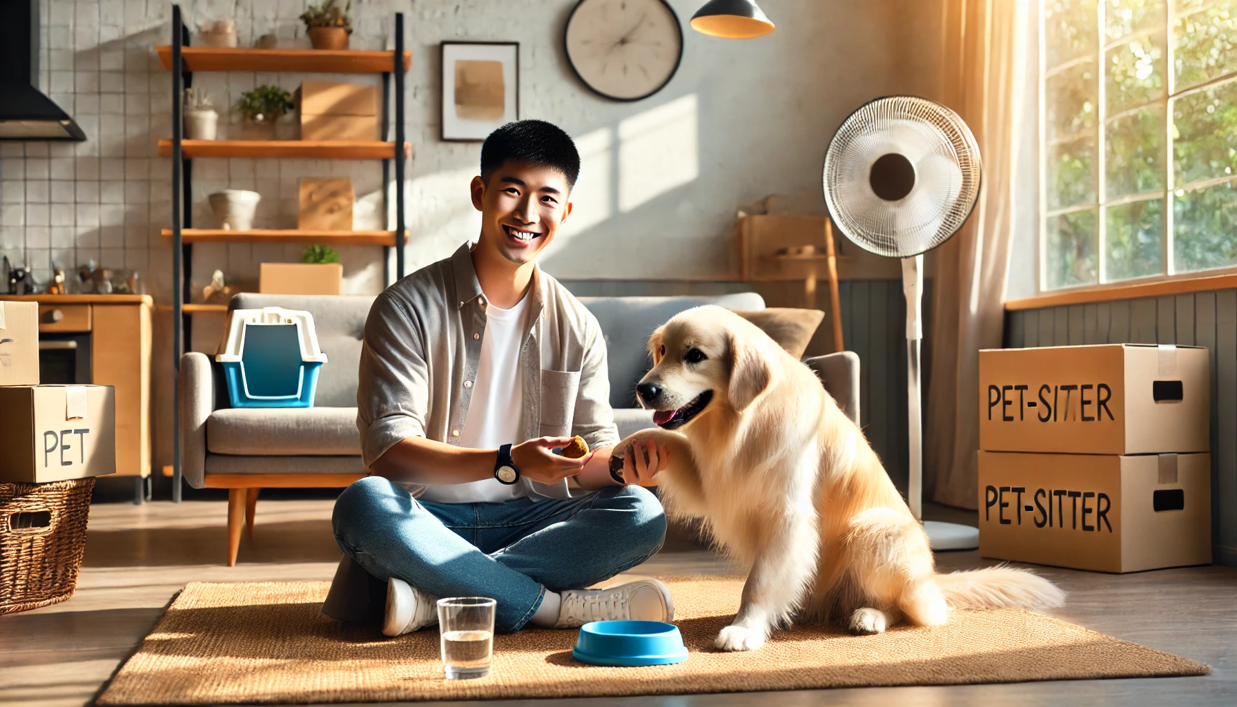 밝은 거실에서 골든 리트리버에게 간식을 주며 놀아주는 남성 펫시터. 주변에는 여름 분위기의 선풍기, 장난감, 물그릇이 놓여 있고 햇살이 들어오는 따뜻한 공간이 신뢰감 있는 돌봄 환경을 보여준다.