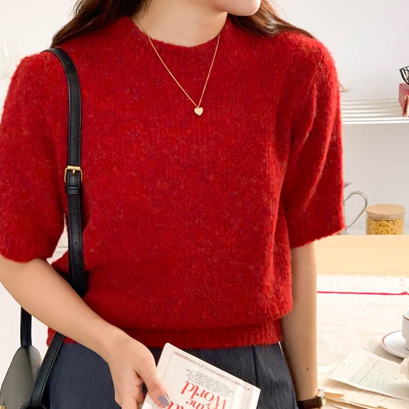 여자 울스웨터 반팔니트 리싸이클 빨강색 니트 옷자락