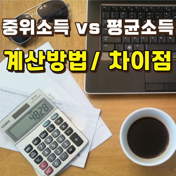 계산기와 커피가 놓여 있어요.