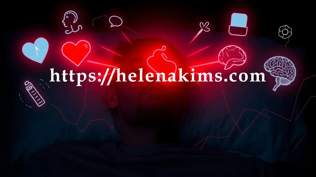 어둡고 긴박한 분위기 속, 잠든 남성의 흐릿한 실루엣이 중앙에 있고, 그의 심장과 뇌 부위에는 붉은색 경고 신호가 번쩍이며, 주변에는 고혈압 혈압계, 당뇨 혈당계, 뇌졸중을 상징하는 뇌 이미지, 피로와 스트레스 아이콘 등이 있는 그래픽 이미지.