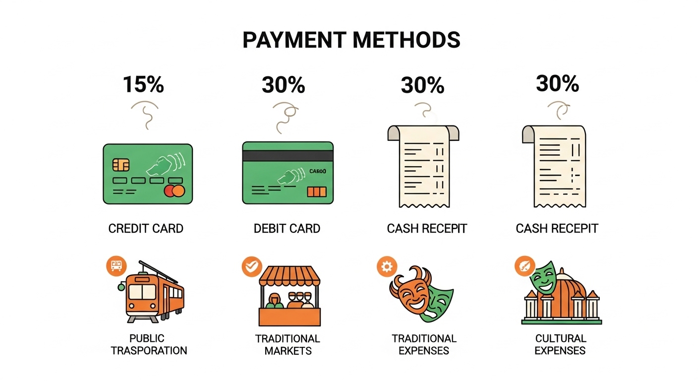신용카드, 체크카드, 현금영수증 등 다양한 결제 수단별 소득공제율과 대중교통, 전통시장 등 추가 공제 항목을 시각적으로 보여주는 인포그래픽.