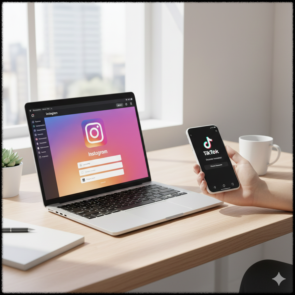 SNS 마케팅 계정 세팅 과정을 표현한 노트북과 스마트폰 이미지