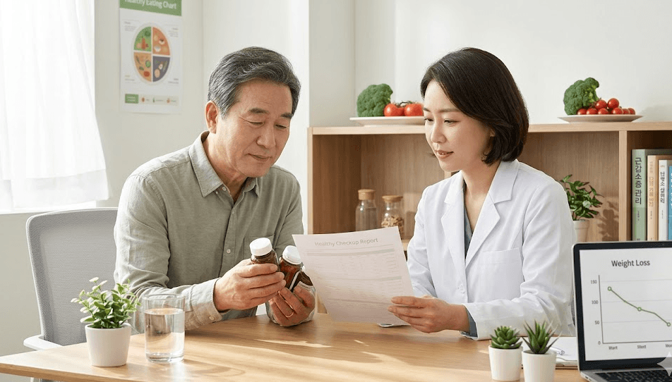 다약제 복용중인 중년 남성이 약을 들고 담당 의사에게 상충 작용을 하고 있는 약이 있는지 상담을 받고 있다