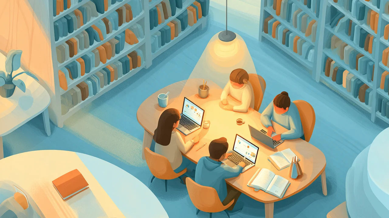 Students in library adjust template colors and fonts on laptops, best ai presentation tool for students 2026.