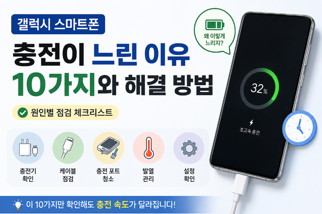 갤럭시 스마트폰 충전이 느린 이유와 해결 방법 10가지를 소개하는 이미지. 고속 충전 설정, 충전기와 케이블 점검, 충전 포트 청소, 발열 관리 등 충전 속도를 높이는 핵심 방법을 한눈에 보여주는 썸네일.
