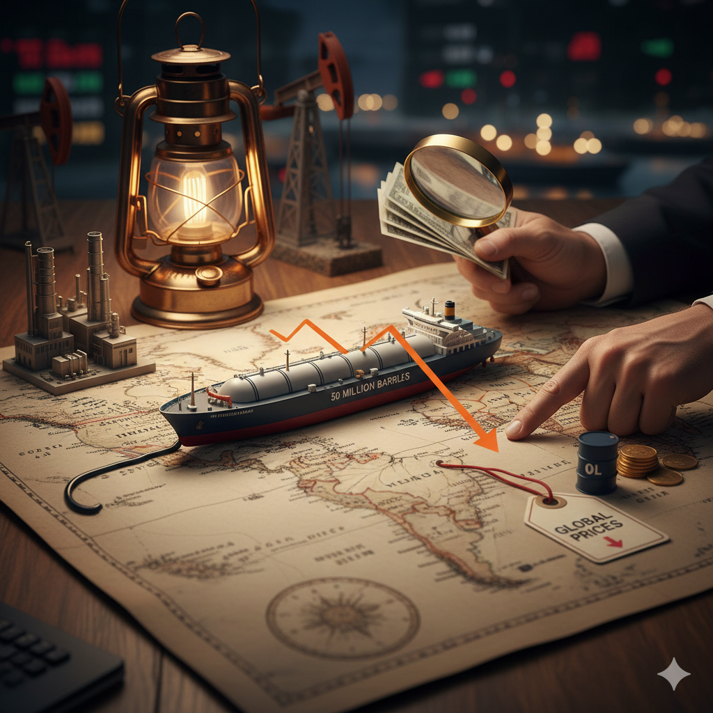 고풍스러운 세계지도 위에 '50 MILLION BARRELS'라고 적힌 유조선 모형이 놓여 있고, 한 남자의 손이 돋보기를 든 채 지도의 특정 지점을 가리키는 실용적인 클로즈업 이미지에요. 지도 옆에는 지폐 뭉치, 금화, 작은 원유 배럴 모형이 놓여 있으며, 'GLOBAL PRICES'라고 적힌 태그와 하락 화살표가 선명하게 보여요. 배경의 은은한 등불과 정유소 모형은 트럼프 행정부의 치밀한 자금 관리와 유가 향방에 대한 분석적인 분위기를 전달해요.