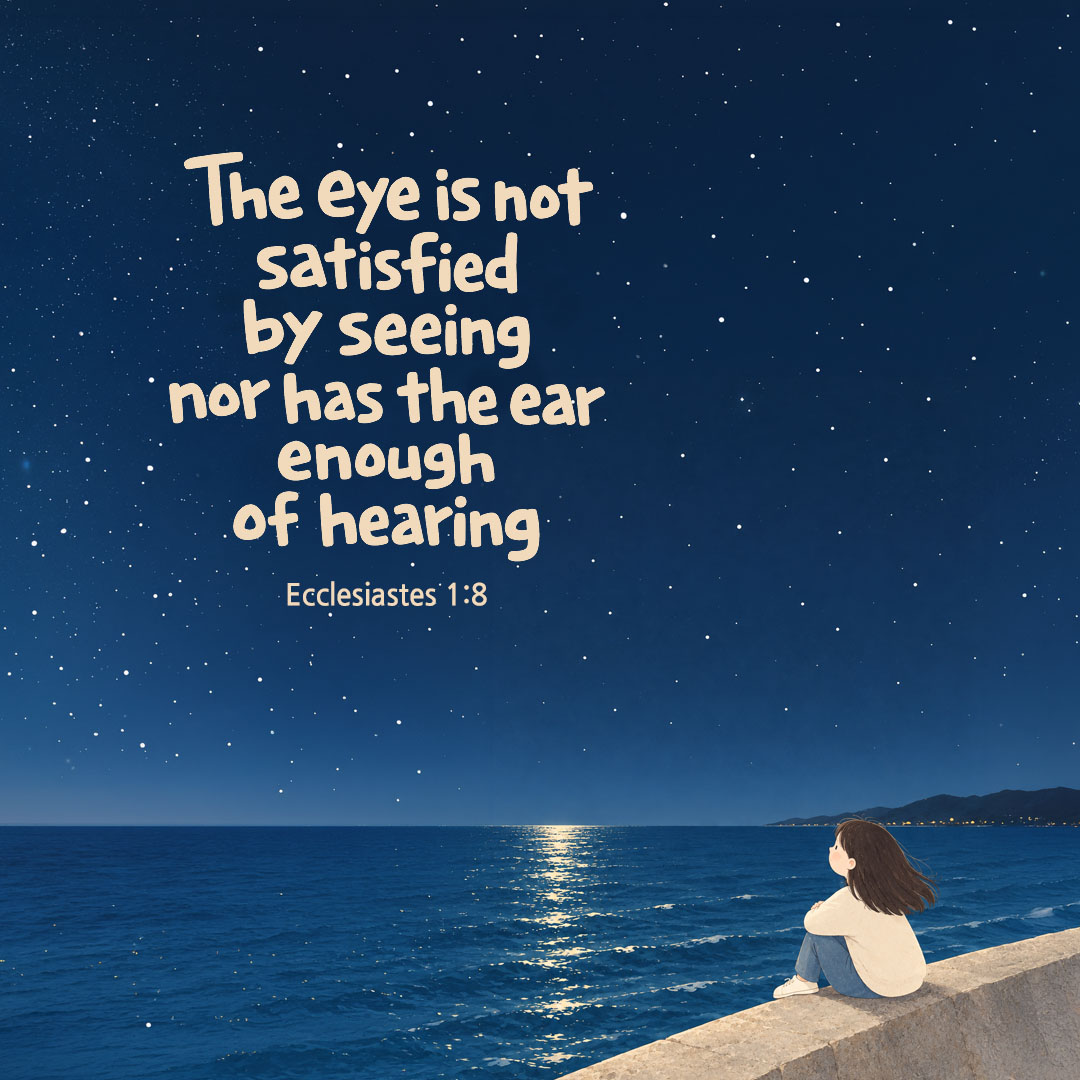 The eye is not satisfied by seeing nor has the ear enough of hearing. (Ecclesiastes 1:8) English Bible verse card