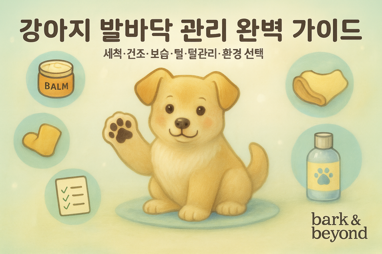 강아지 발바닥 관리 완벽 가이드-세척,건조,보습,털관리,환경설정 관련된 용품들이 강아지와 함께 나열되있는 이미지