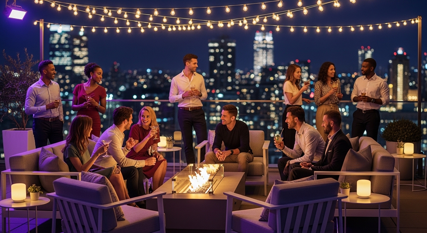 도시 야경이 보이는 프라이빗 루프탑에서 편안하게 담소를 나누는 MZ세대 직장인들