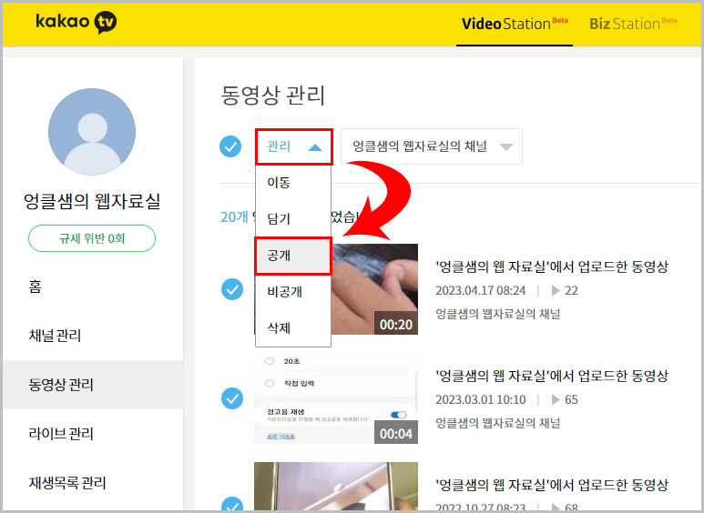 티스토리 비공개된 영상 공개 처리