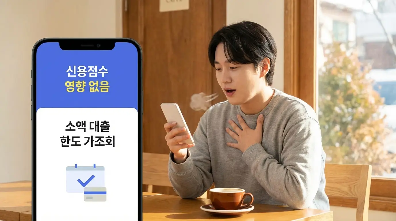 스마트폰 대출 비교 플랫폼을 통해 신용 하락 없이 무직자 바로 대출 및 소액 비상금 한도를 가조회하고 안도하는 모습