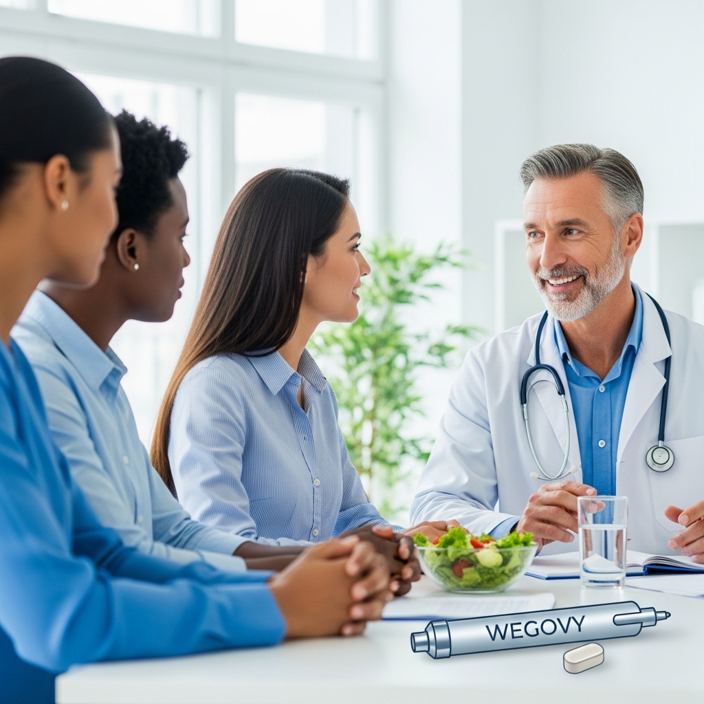 의사가 환자들에게 위고비 복용 전략을 설명하는 모습. 테이블 위에는 위고비 펜과 건강한 식단이 놓여 있다.