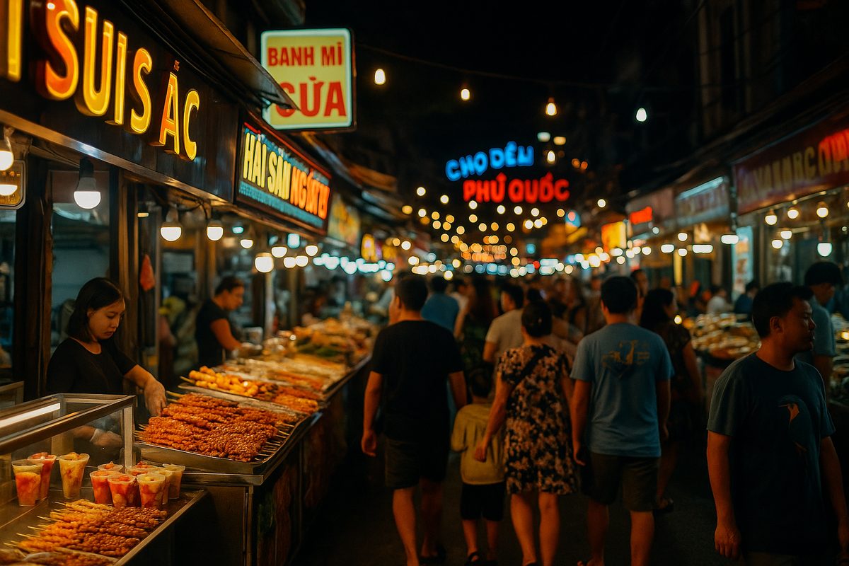 네온 조명 아래 야시장 골목과 간식 가판대