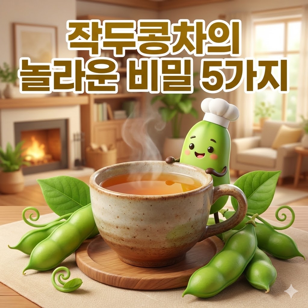 따뜻한 작두콩차 한 잔과 귀여운 작두콩 캐릭터가 건강한 분위기를 연출하는 일러스트. '작두콩차의 놀라운 비밀 5가지' 문구가 돋보인다.