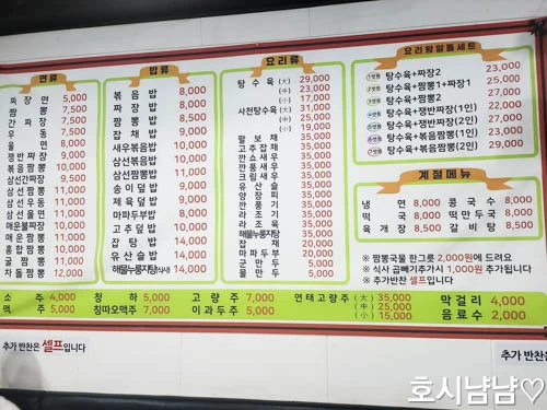 요리왕 중식당 메뉴판 – 짜장면 5천 원, 짬뽕 7천5백 원