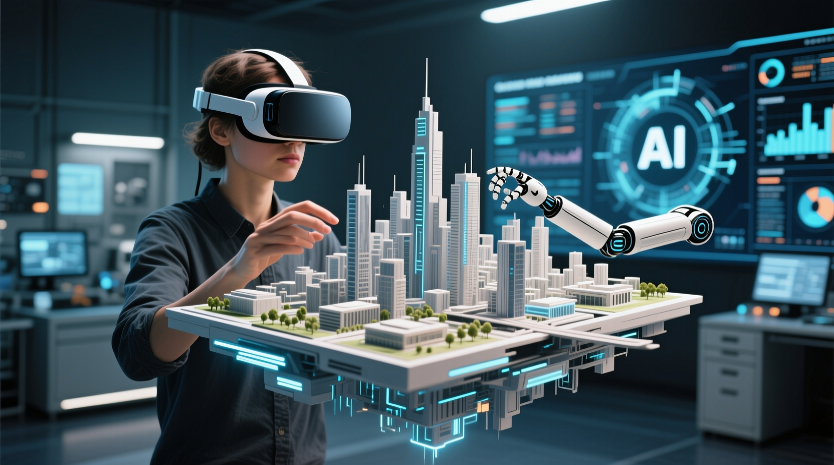 VR 고글을 쓴 사람이 창의적인 디자인을 하고 AI가 데이터를 시각화하는 모습