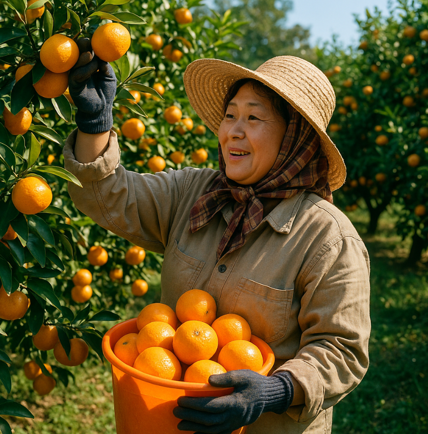 제주도 귤 농장에서 귤 따는 여성 농부 사진