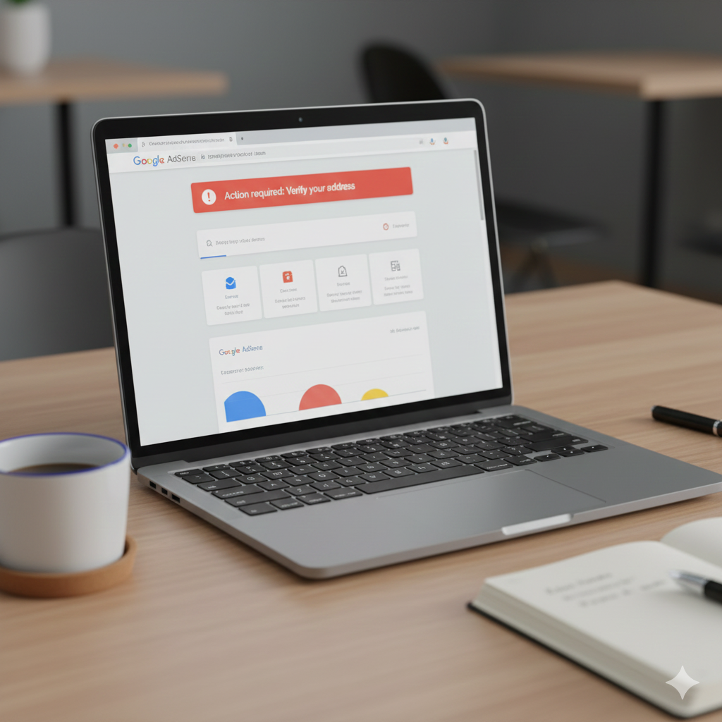 Laptop computer screen displaying a Google AdSense account dashboard with an alert message 'Action required: Verify your address