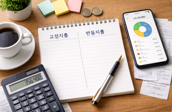 고정지출과 변동지출을 구분한 가계부 노트와 계산기, 스마트폰 지출 관리 화면
