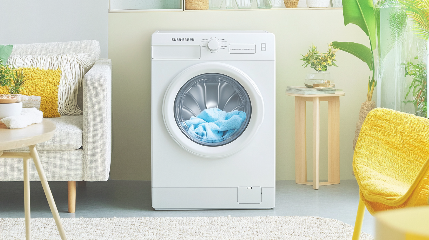 아늑한 가정의 거실에서 조용히 작동하는 삼성 WF21D17CVVC 세탁기를 통해 혁신적인 소음 감소 기능을 설명하는 이미지입니다.