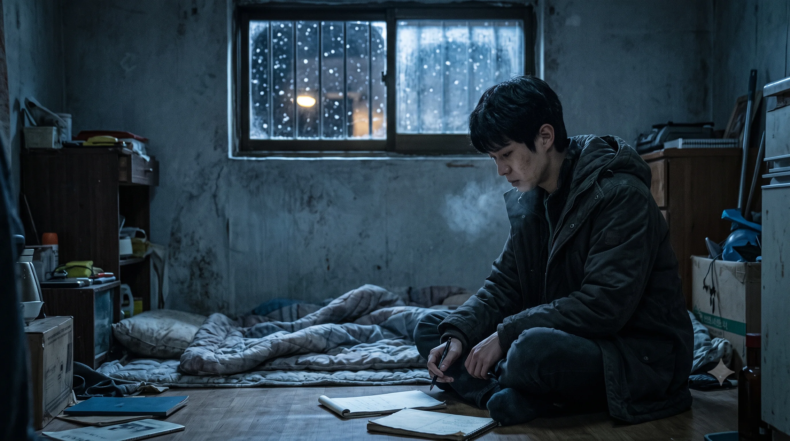영화 기생충 엔딩 겨울 반지하 방에서 아버지에게 닿지 않을 편지를 쓰는 기우 스틸컷
