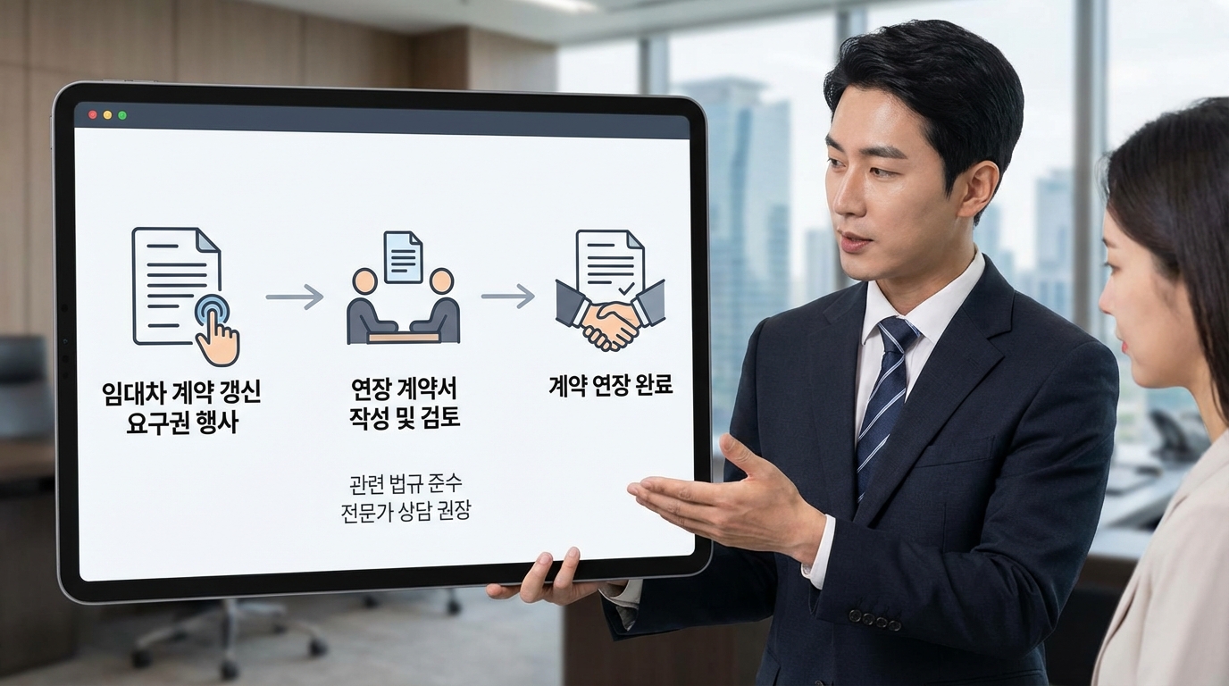 전세 계약 갱신요구권 행사와 연장 계약서 작성을 설명하는 전문적인 이미지