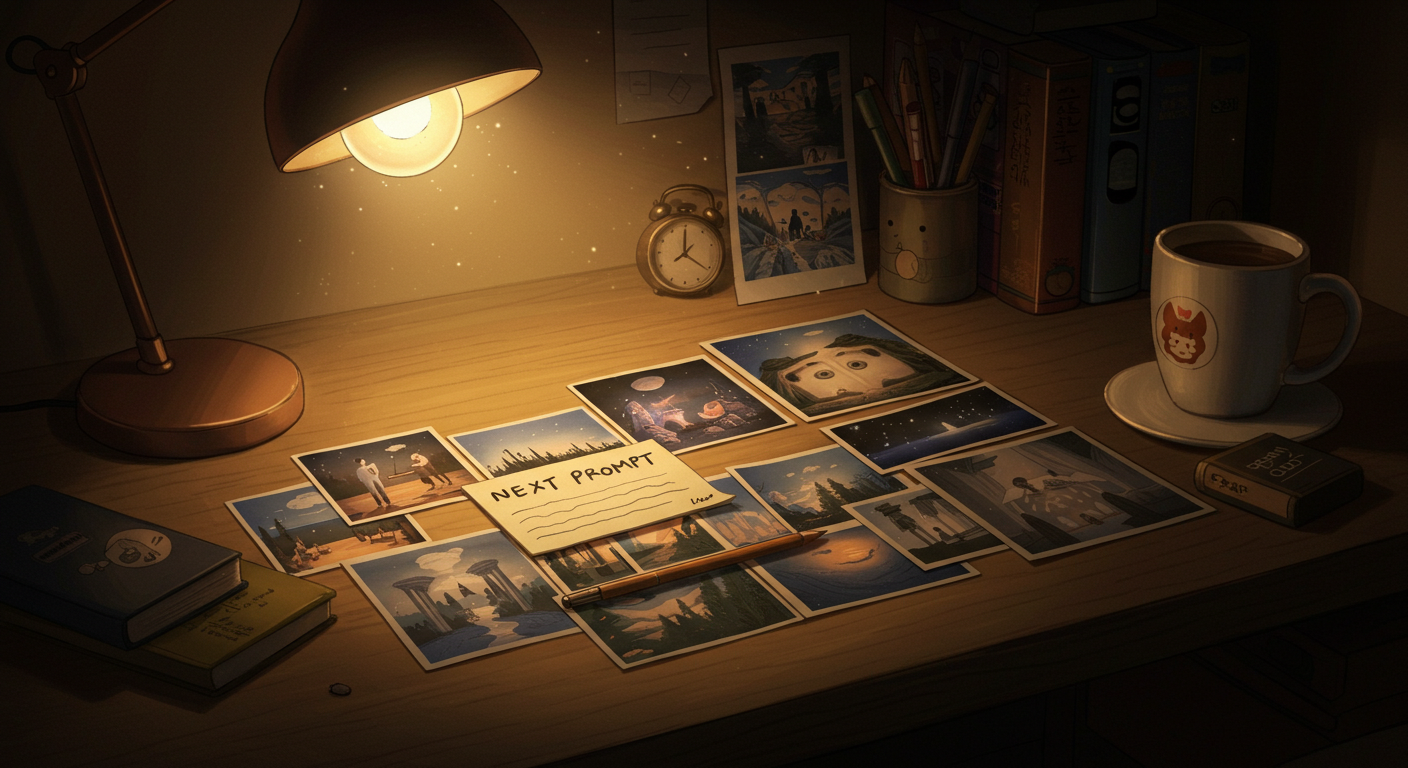 책상 위에 인화된 꿈 이미지 세 장과 작은 메모지, 따뜻한 조명 아래에서 다음 프롬프트를 적는 장면