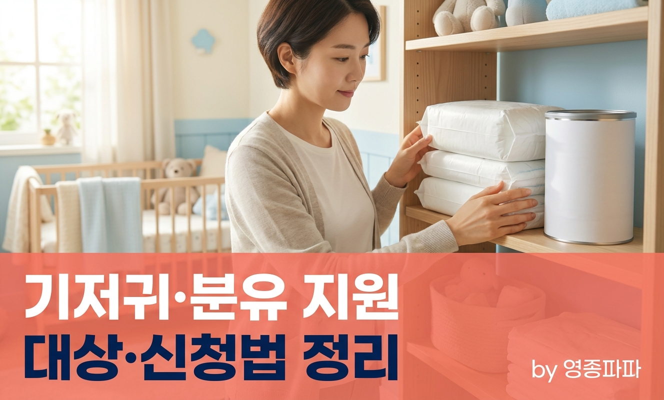 아기 기저귀와 분유를 정리하는 부모