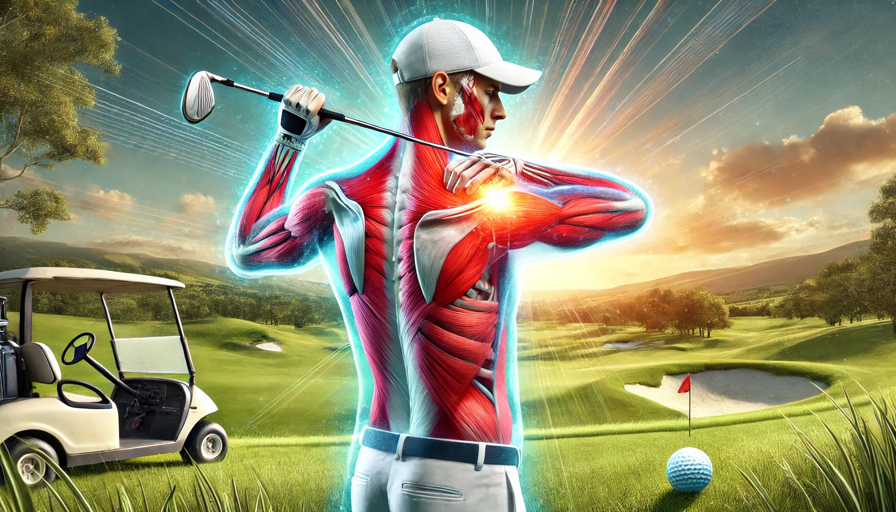 골프 스윙 중 어깨 통증을 느끼는 골퍼의 일러스트, 붉은색으로 표시된 근육 부위와 스트레스 포인트가 강조된 교육용 이미지. 푸른 하늘과 녹색 필드의 골프 코스 배경.