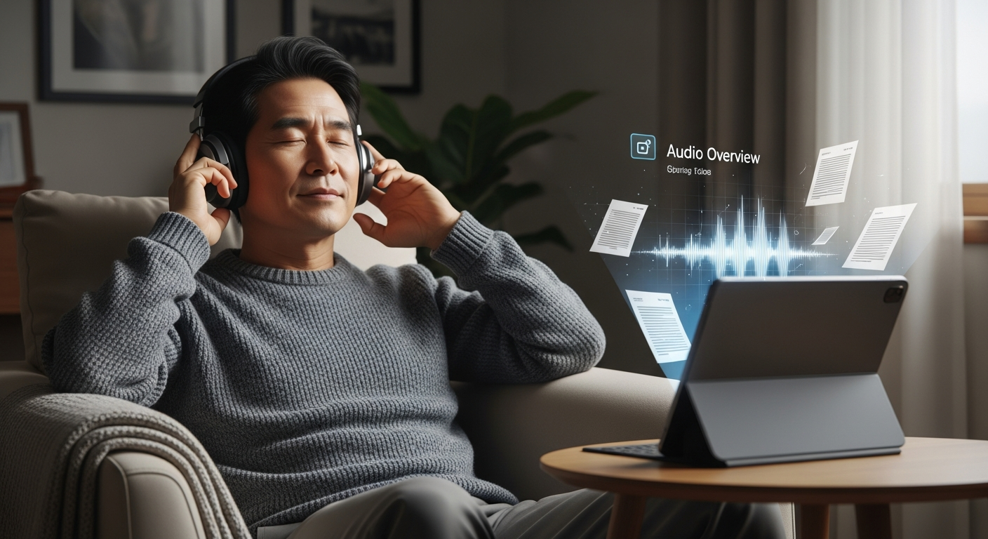 긴 문서를 팟캐스트 형식으로 들려주는 NotebookLM 오디오 오버뷰 기능 실행 모습