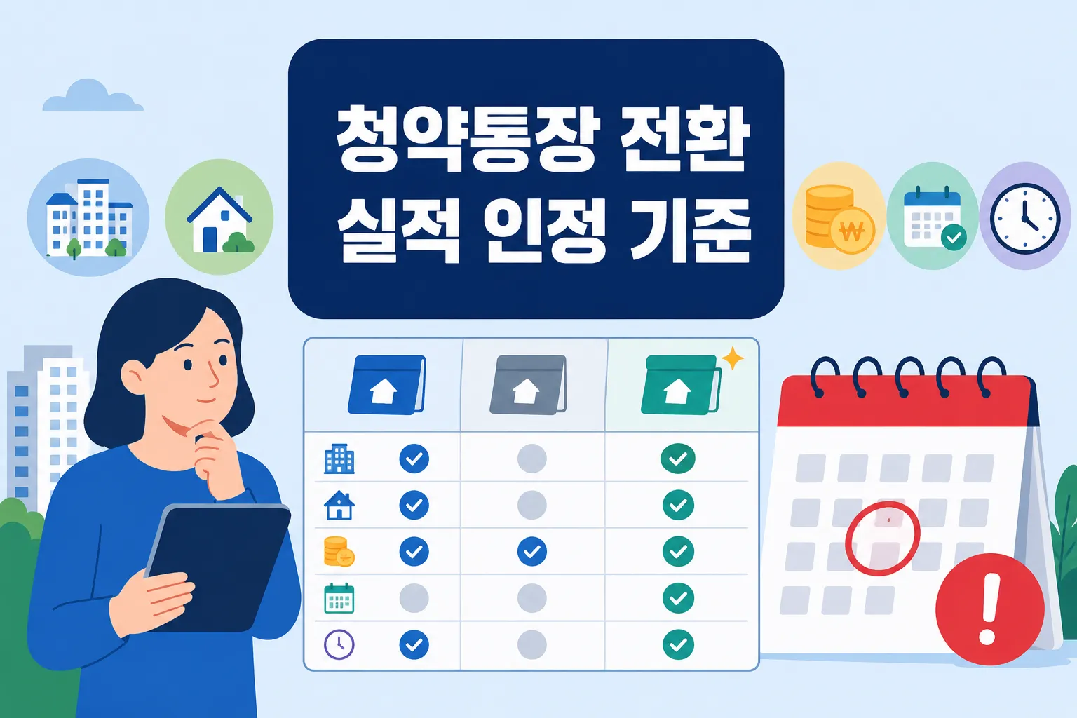 청약통장 전환 전 기존 실적 인정 기준과 전환 기한, 납입금액 확인 포인트를 함께 비교하도록 구성한 썸네일 이미지
