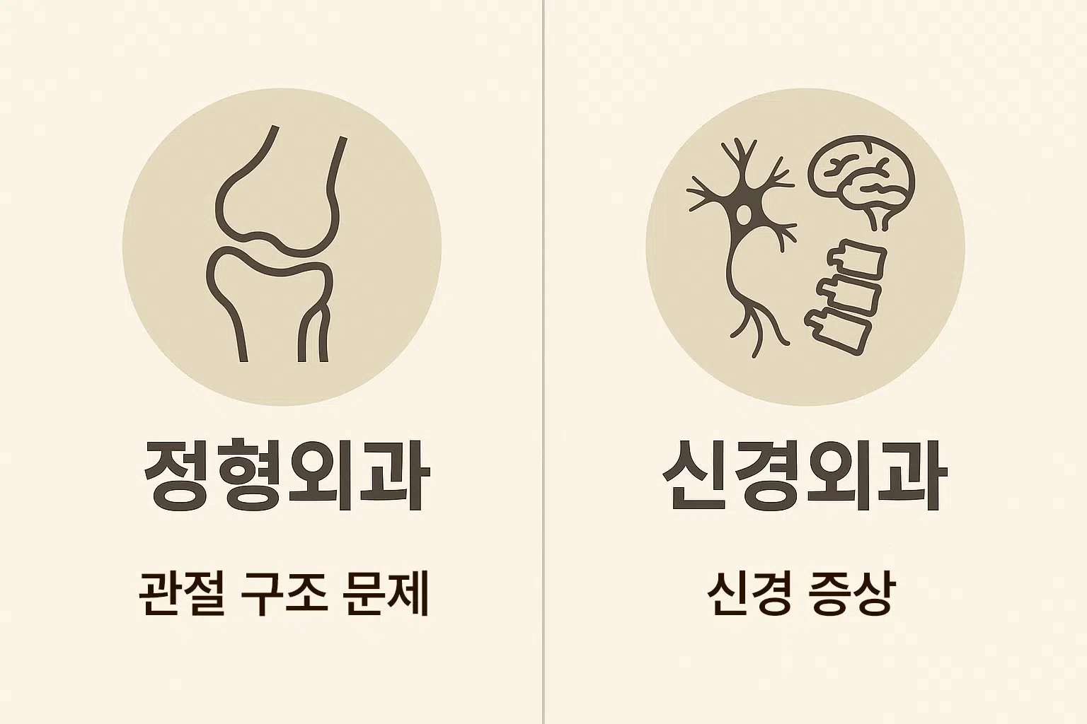 정형외과 vs 신경외과 아이콘 비교 이미지, 각각 진료 대상(관절 구조 문제 vs 신경 증상)을 나눠 보여주는 그래픽