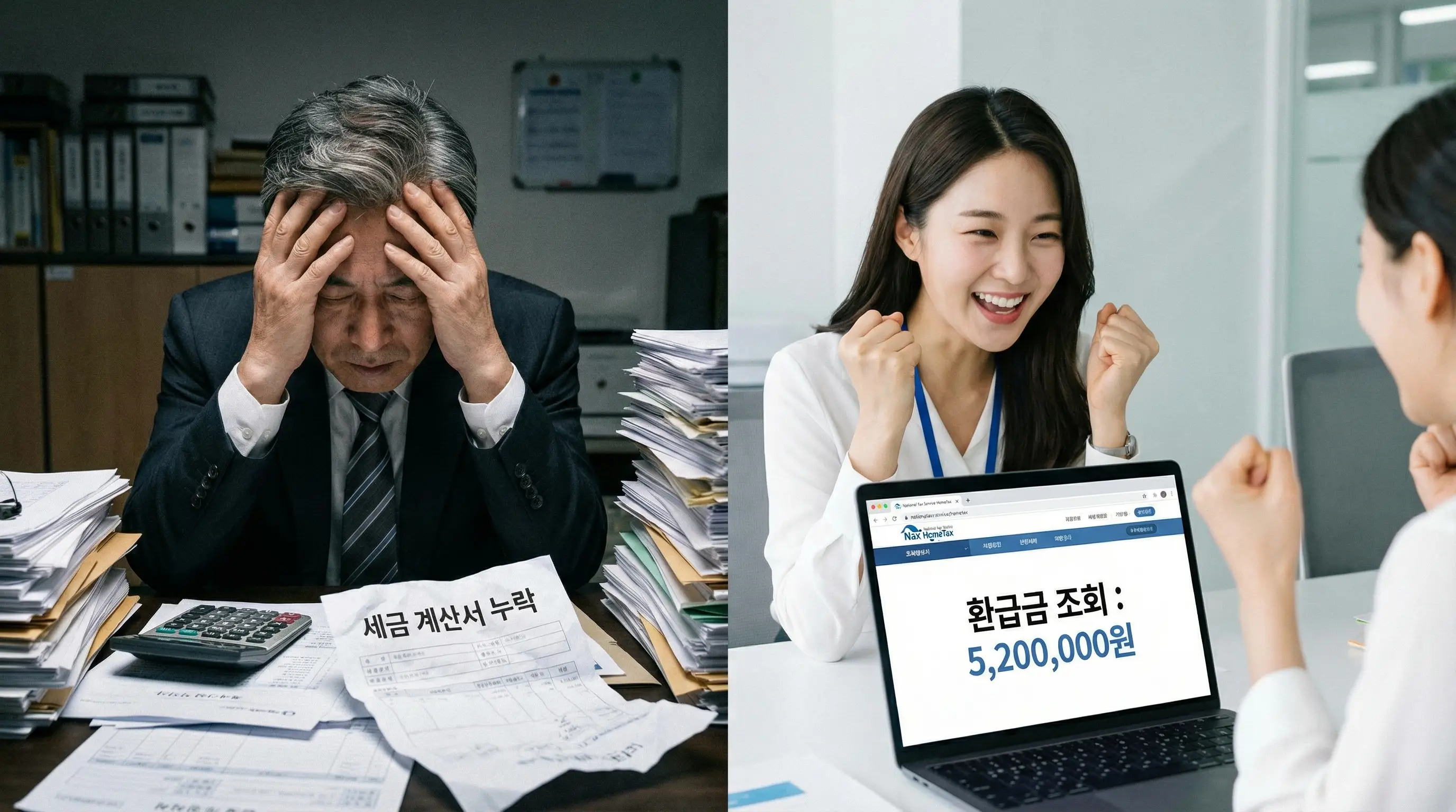 세금 계산서를 꼼꼼히 챙기지 못해 고민하는 사업자와 홈택스로 환급금을 찾아 기뻐하는 모습의 대비