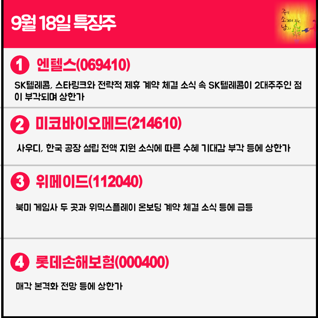 9월18일 오늘의 특징주