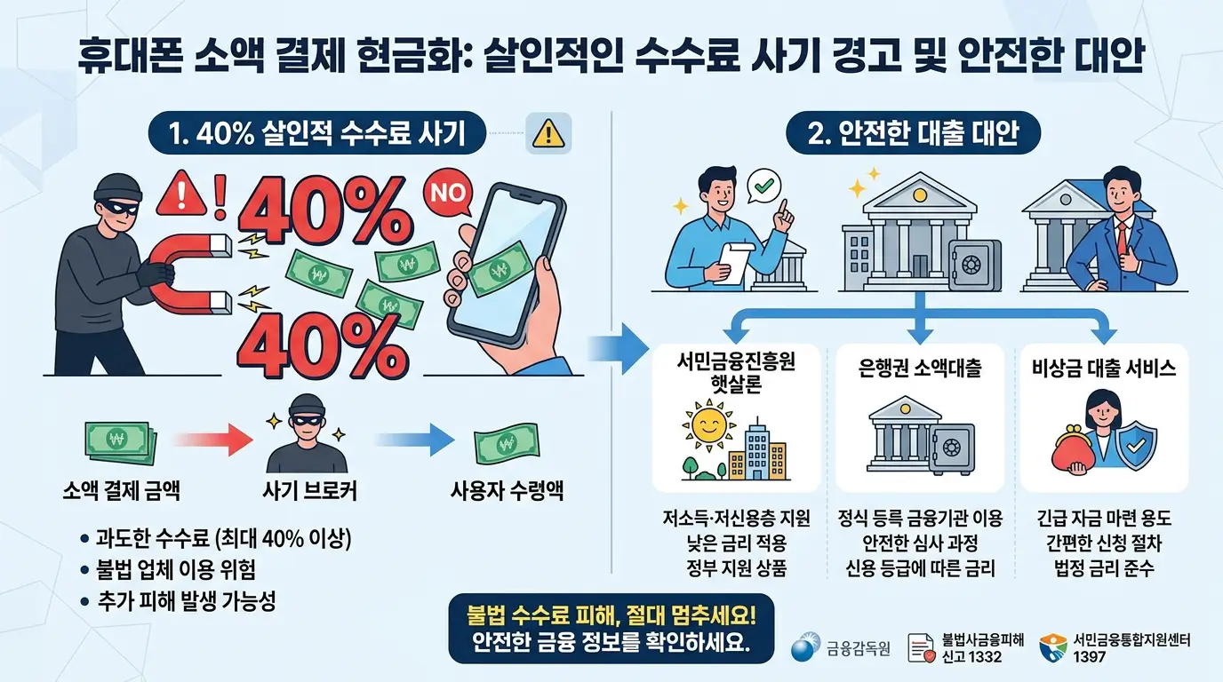 휴대폰 소액 결제 현금화 시 브로커에게 뜯기는 살인적인 40% 수수료 사기를 경고하고 안전한 대출 대안을 제시하는 인포그래픽