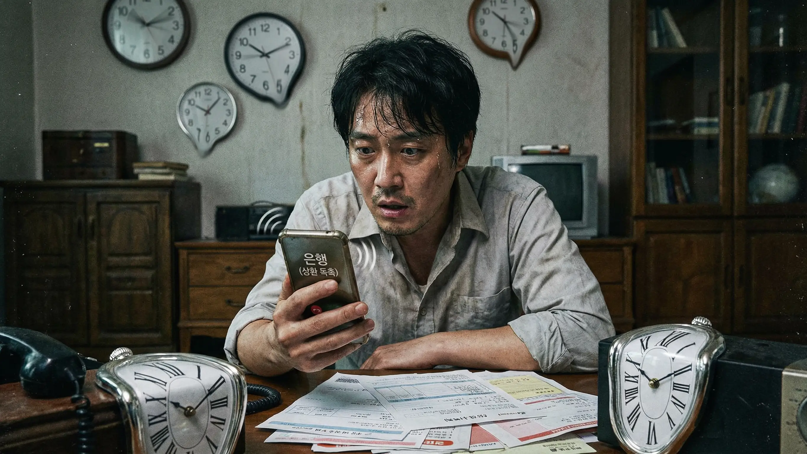 울리는 전화기를 바라보며 불안해하는 연체자의 모습과 시간의 흐름을 나타내는 시계 이미지