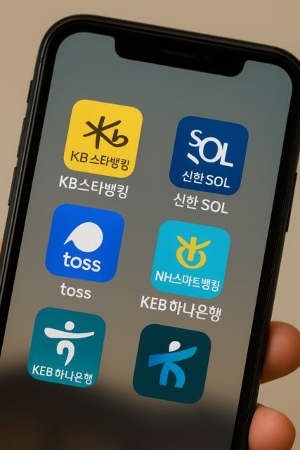 한 화면에서 여러 은행 앱이 보이는 스마트폰 UI