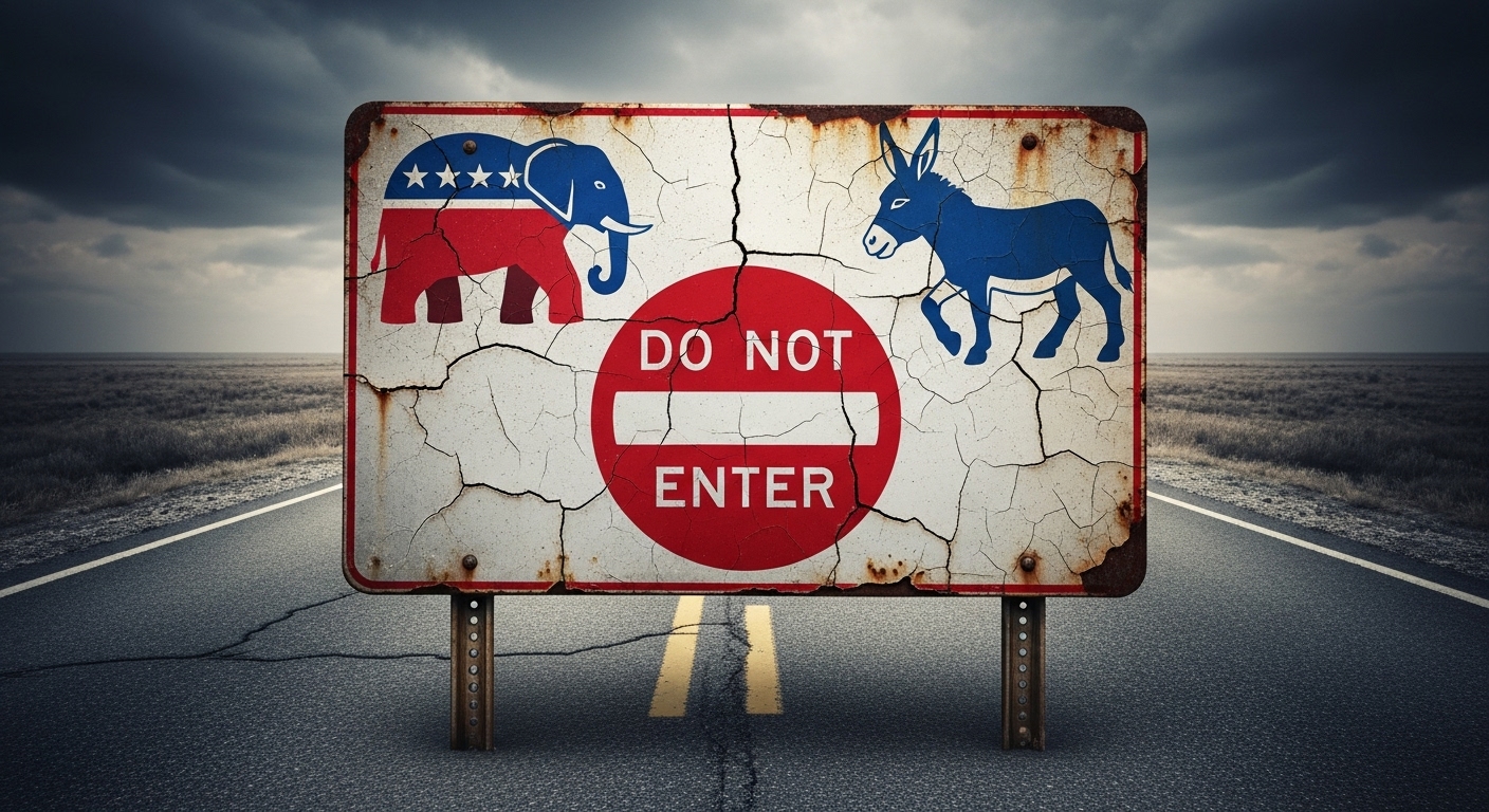 첨예한 대립을 상징하는 미국 공화당과 민주당의 로고가 그려진 막힌 도로 표지판