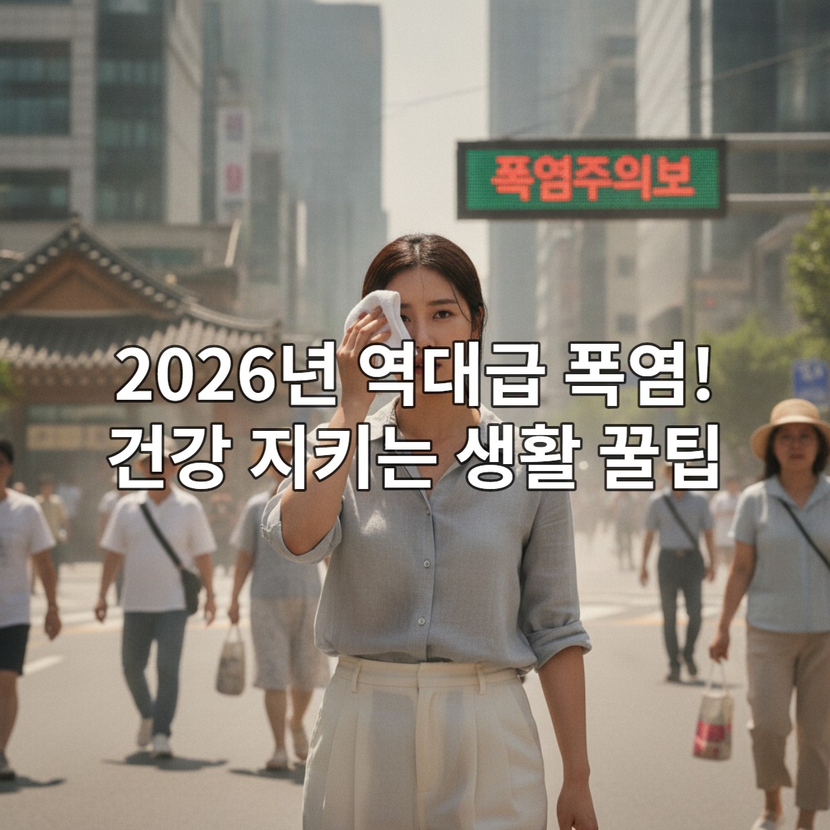 2026년 여름, 폭염 속 더위를 식히기 위해 이마의 땀을 닦는 한국 여성의 모습.