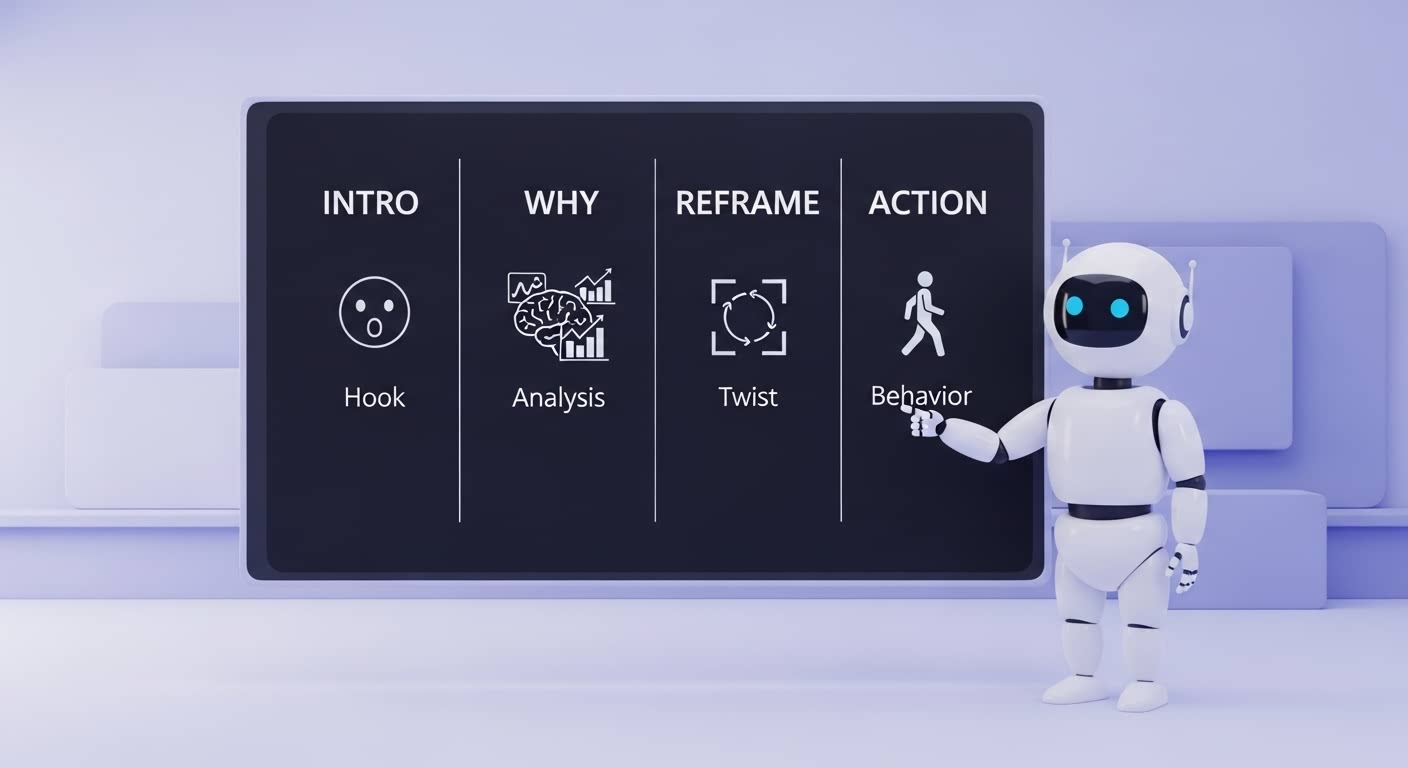 A 3D robot presenting a content strategy board with four stages: intro, analysis, reframe, and action.