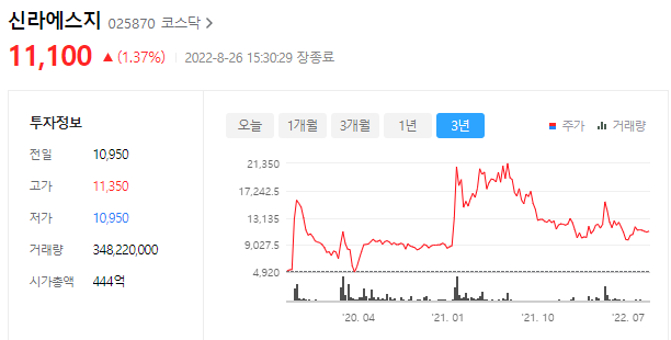 신라에스지 주가는 11,100원