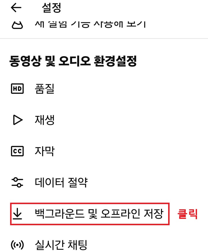 설정 페이지에 백그라운드 및 오프라인 저장 메뉴 보임