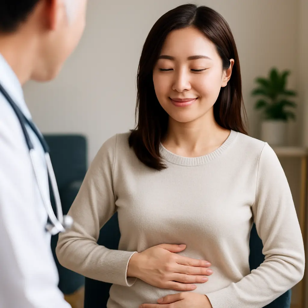 복부에 손을 얹고 건강 상담을 받는 한국인 여성, 밝고 편안한 진료실 분위기의 스튜디오 사진